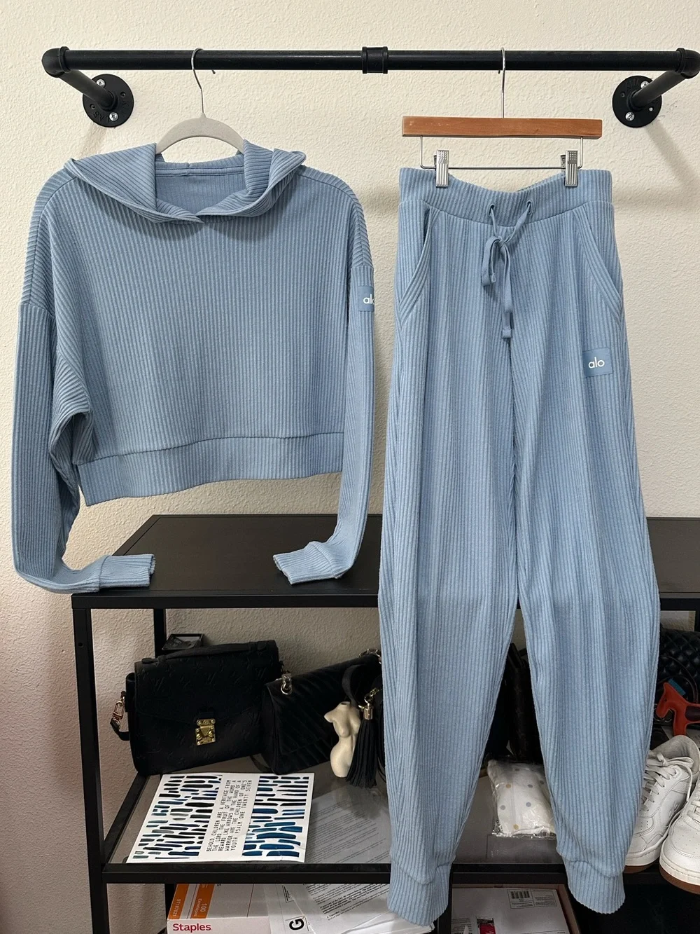 ALO Yoga Muse Ribbed Hoodie & Joggers Set in Light Blue